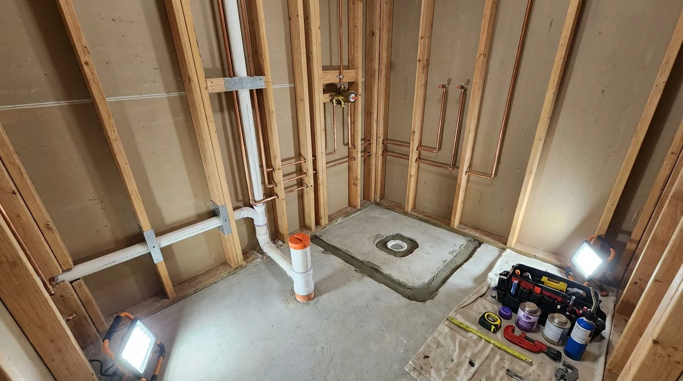 Bathroom rough-in plumbing during remodel by Johns Plumbing LLC in Ventnor City