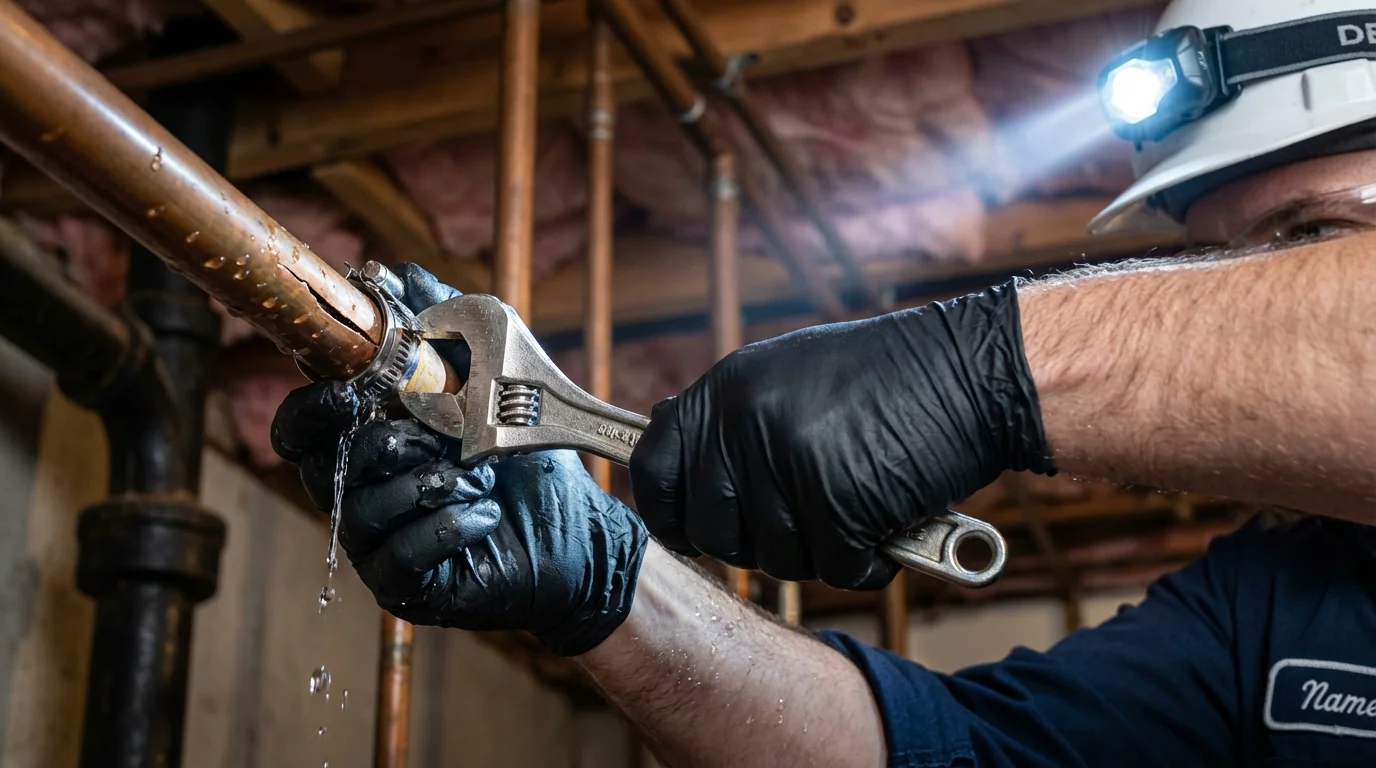 Emergency pipe clamp repair being performed by a Johns Plumbing LLC plumber in Ventnor City