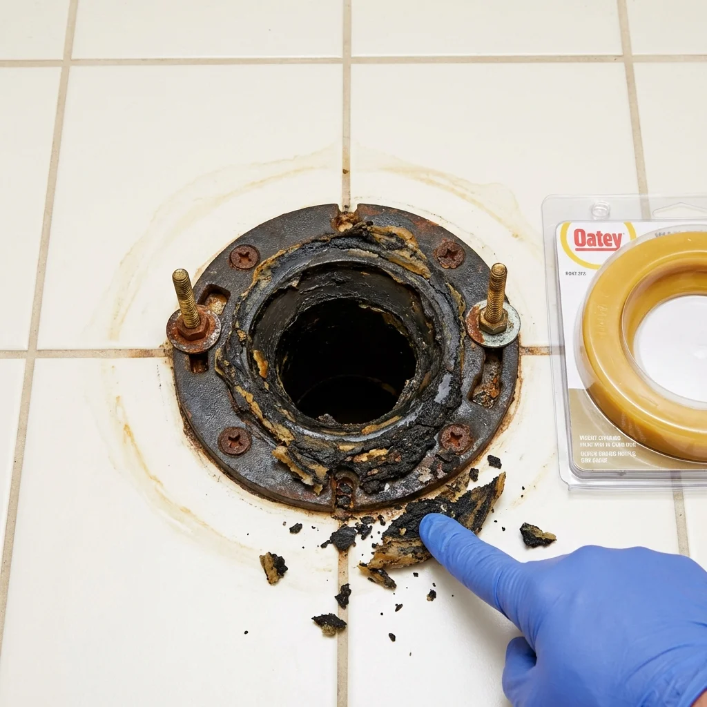 Failed wax ring showing water seepage at the base of a toilet in a Ventnor City, NJ home