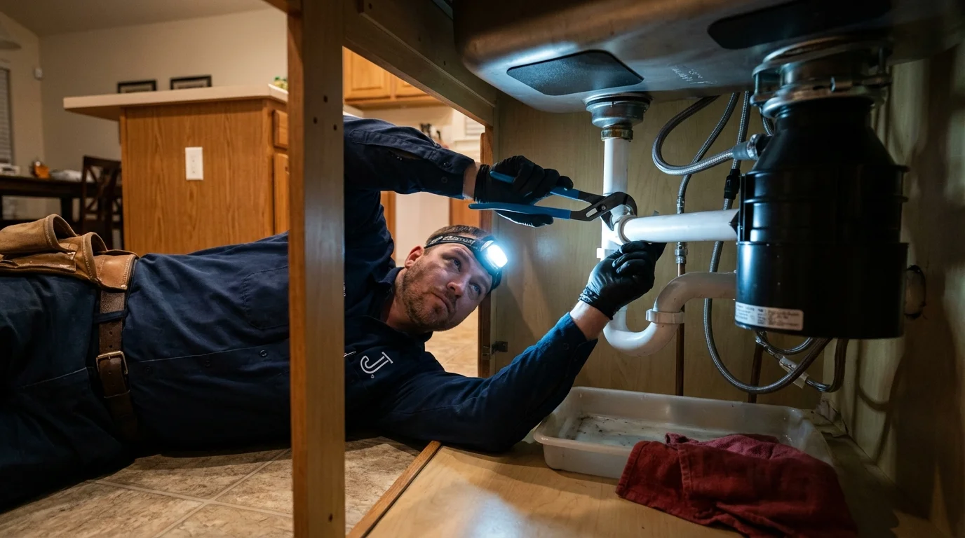 P-trap and supply line connections under a kitchen sink showing a common leak point in Ventnor City, NJ